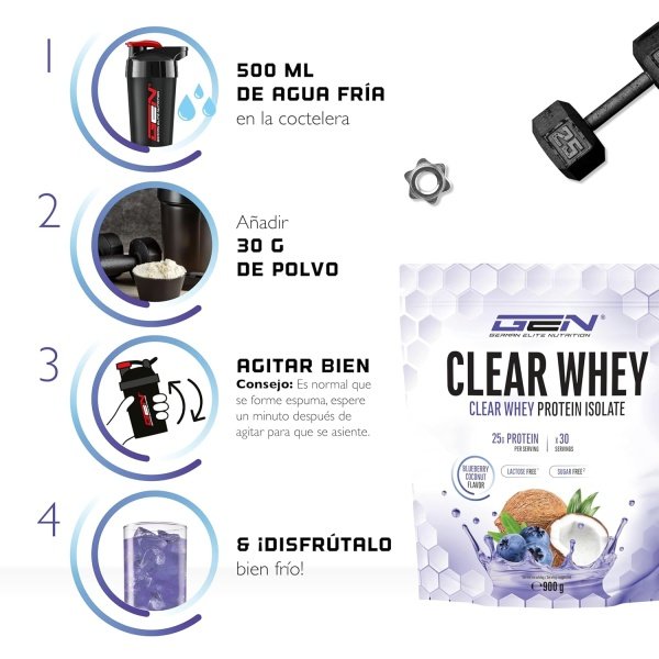 Clear Whey Aislado Proteico 900g Sabores Frutales (Arándano-Coco) - Imagen 3