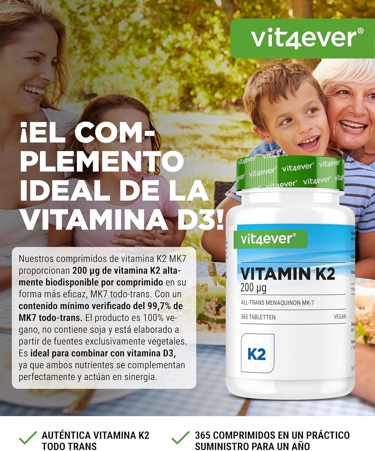 Vit4ever Vitamina K2 MK-7 – Alta Pureza para Huesos - Imagen 2