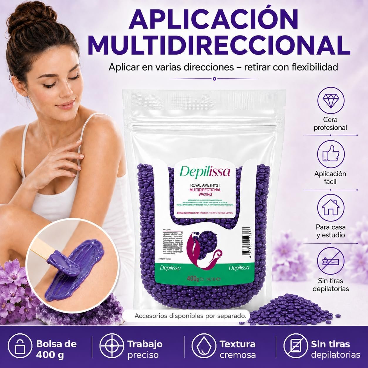 Perlas Depilatorias de Cera - Royal Amethyst - Producto Vegano - 400grs. - Imagen 2