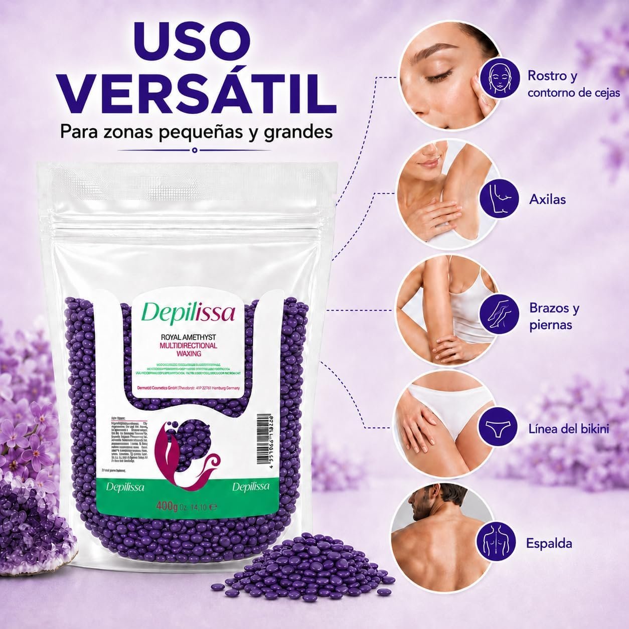 Perlas Depilatorias de Cera - Royal Amethyst - Producto Vegano - 400grs. - Imagen 3